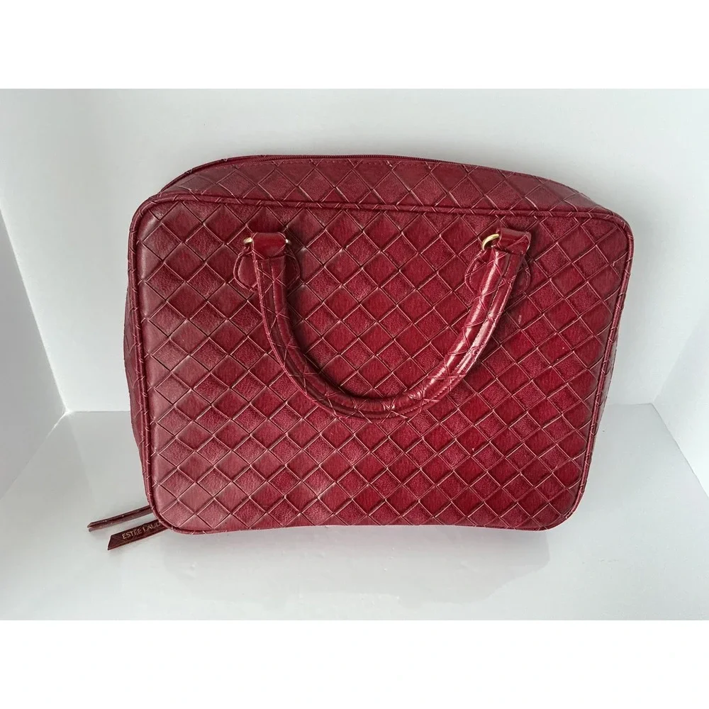 Estee Lauder Red Quilted Cosmetic Train Case Makeup‎ Bag Zip Travel